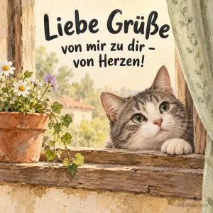 Katze an der Fensterbank, Text: Liebe Grüße von mir zu dir – von Herzen!