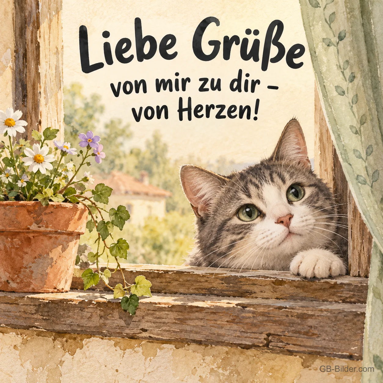 Katze an der Fensterbank, Text: Liebe Grüße von mir zu dir – von Herzen! Katze an der Fensterbank, Text: Liebe Grüße von mir zu dir – von Herzen!