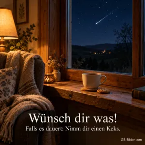 Sternschnuppe am Fenster mit Tasse und Keks, lustiger Text: Wünsch dir was!