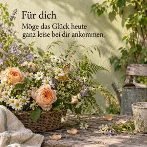 Blumenkorb mit Rosen im Garten, Text: Für dich – Möge das Glück heute ganz leise bei dir ankommen.