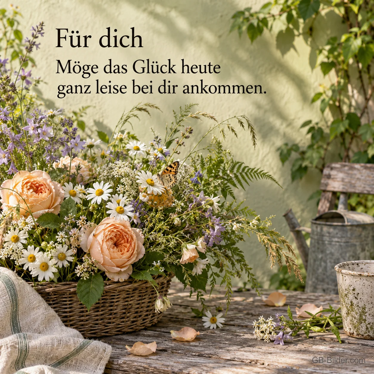Blumenkorb mit Rosen im Garten, Text: Für dich – Möge das Glück heute ganz leise bei dir ankommen. Blumenkorb mit Rosen im Garten, Text: Für dich – Möge das Glück heute ganz leise bei dir ankommen.