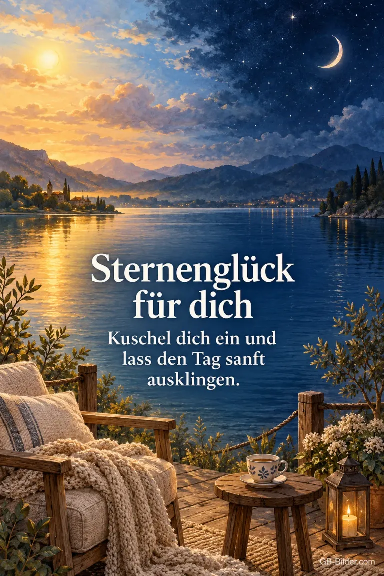 Korbsessel auf der Terrasse am See, Text: Sternenglück für dich