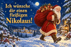 Weihnachtsmann mit Sack stapft durch ein verschneites Dorf, Text: Ich wünsche dir einen fleißigen Nikolaus!