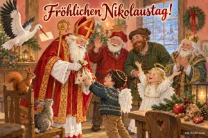 Nikolaus beschenkt Kinder in einer Stube, Weihnachtsmann und Storch, Text: Fröhlichen Nikolaustag!