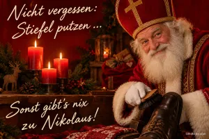 Nikolaus putzt einen Stiefel bei Kerzenlicht, Text: Nicht vergessen: Stiefel putzen … – Sonst gibt's nix zu Nikolaus!