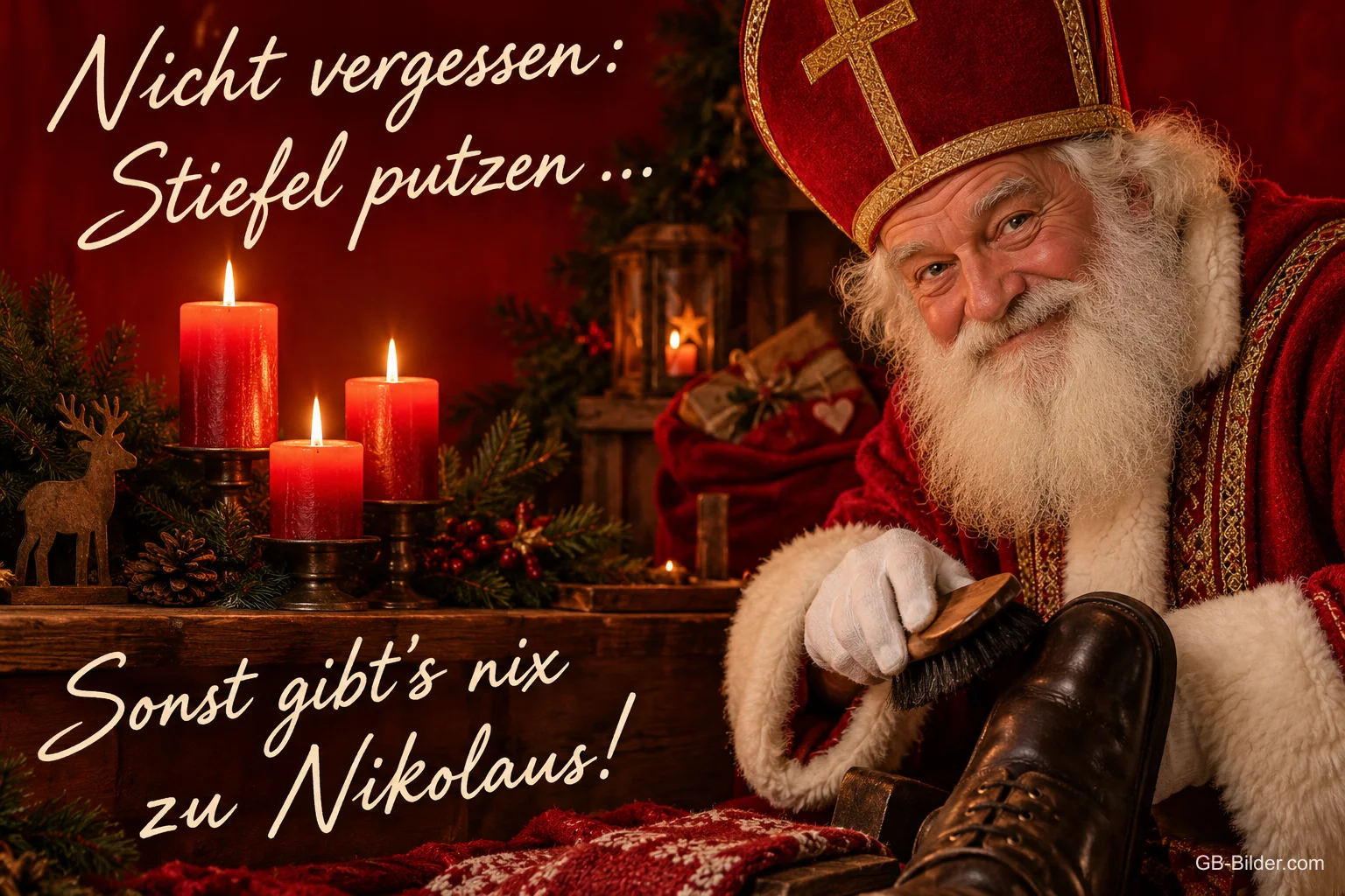 Nikolaus putzt einen Stiefel bei Kerzenlicht, Text: Nicht vergessen: Stiefel putzen … – Sonst gibt's nix zu Nikolaus!