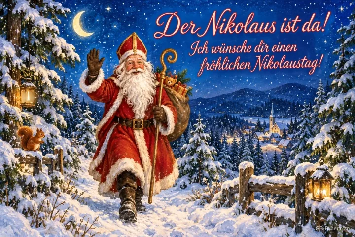 Nikolaus mit Bischofsstab winkt im verschneiten Wald, Text: Der Nikolaus ist da! – Ich wünsche dir einen fröhlichen Nikolaustag!