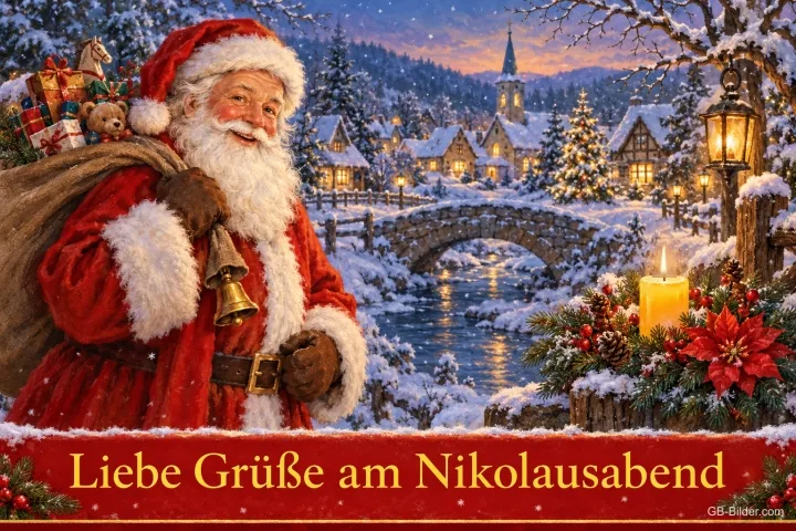 Weihnachtsmann mit Sack und Glocke vor einem verschneiten Dorf, Text: Liebe Grüße am Nikolausabend