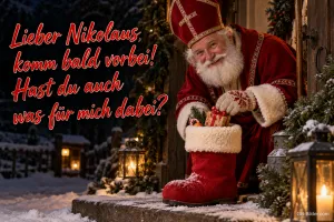 Nikolaus steckt Geschenke in einen roten Stiefel an der Haustür, Text: Lieber Nikolaus, komm bald vorbei! – Hast du auch was für mich dabei?