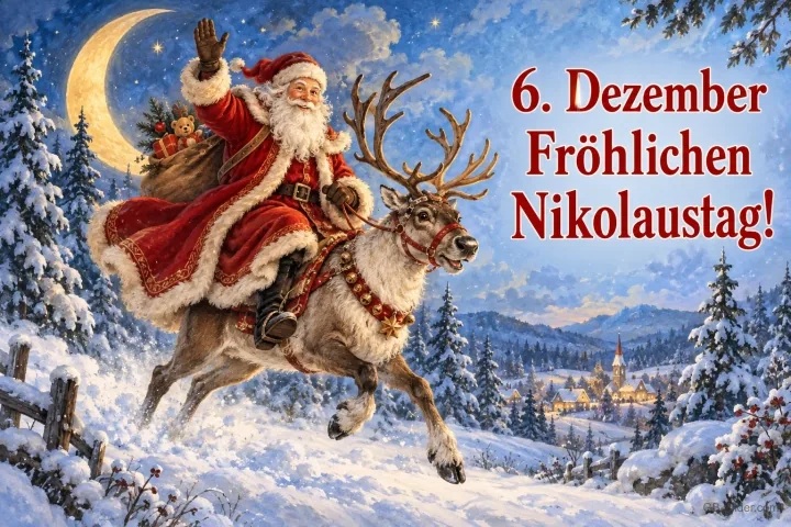 Weihnachtsmann reitet winkend auf einem Rentier durch den Schnee, Text: 6. Dezember – Fröhlichen Nikolaustag!
