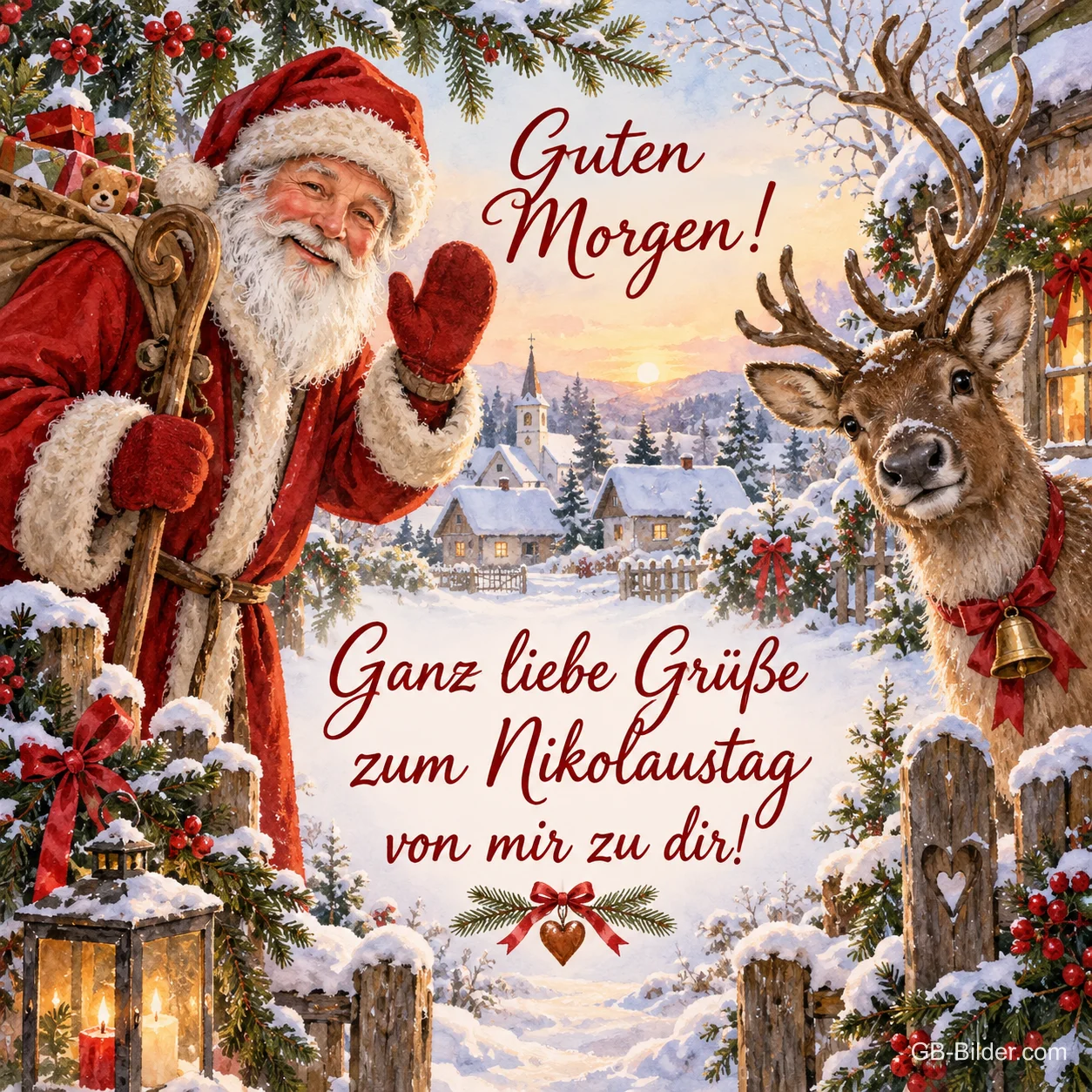 Weihnachtsmann und Rentier winken im verschneiten Dorf, Text: Guten Morgen! – Ganz liebe Grüße zum Nikolaustag von mir zu dir!