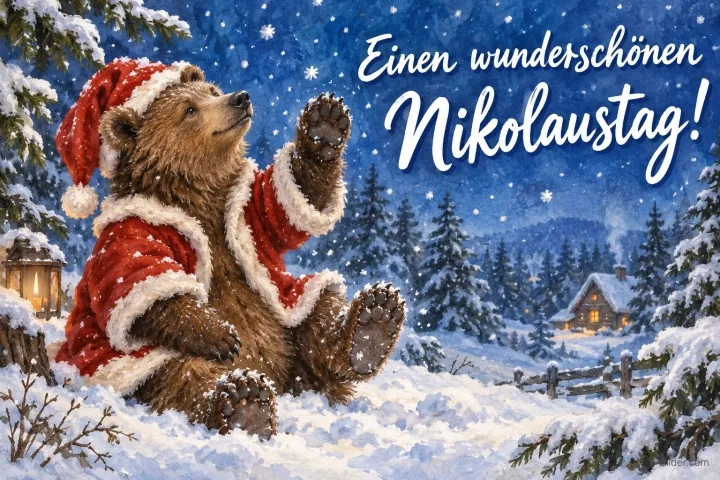 Bärenjunges im Nikolausmantel winkt im Schnee, Text: Einen wunderschönen Nikolaustag!