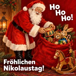 Weihnachtsmann packt Spielzeug aus einem roten Sack, Text: Ho Ho Ho! – Fröhlichen Nikolaustag!