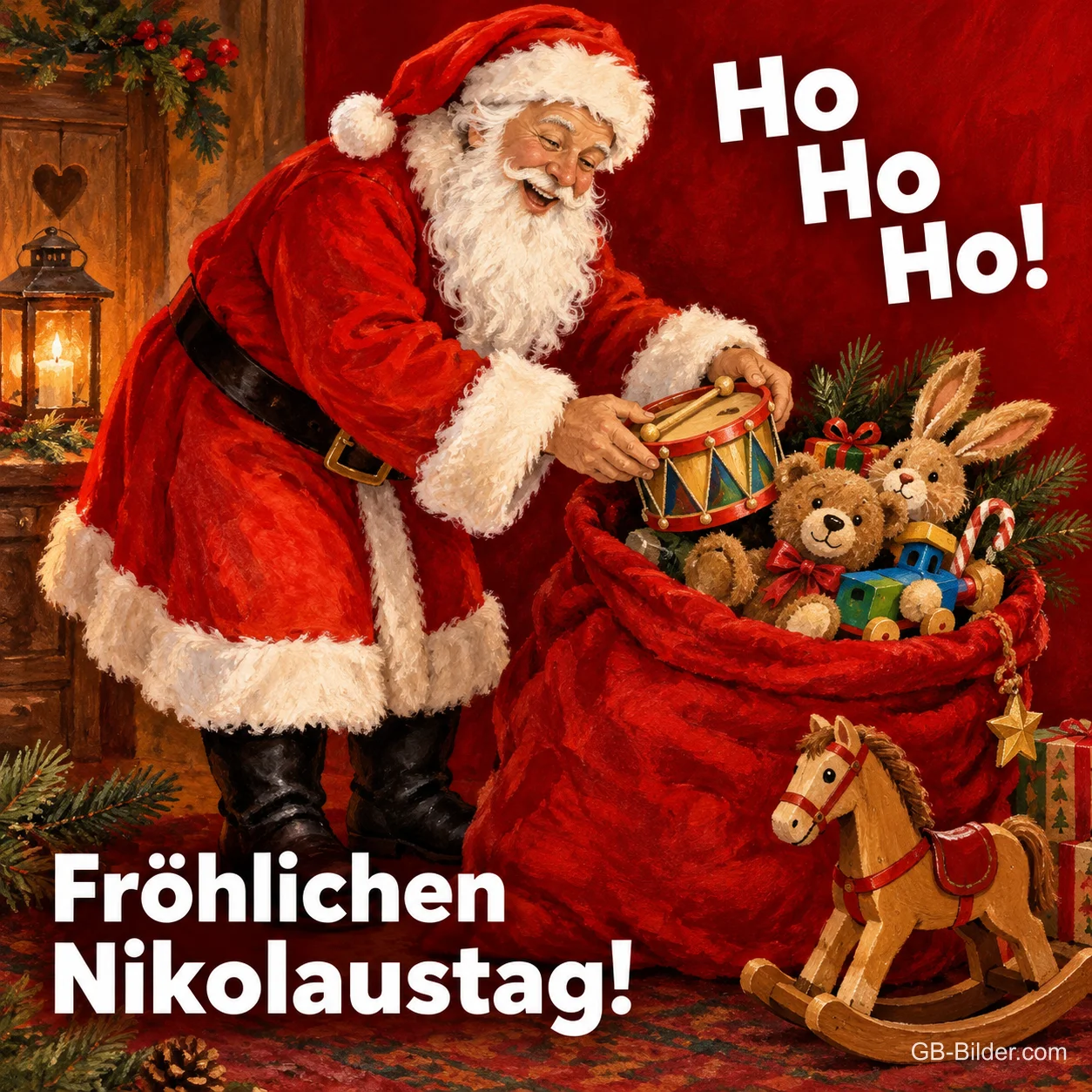 Weihnachtsmann packt Spielzeug aus einem roten Sack, Text: Ho Ho Ho! – Fröhlichen Nikolaustag!