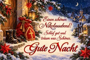 Stiefel, Sack und Mitra vor einer verschneiten Haustür, Text: Einen schönen Nikolausabend! – Schlaf gut und träum was Schönes. Gute Nacht