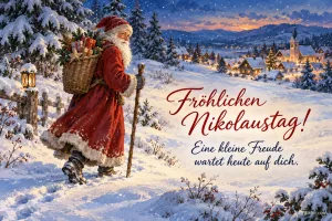 Nikolaus mit Kiepe wandert durch eine verschneite Landschaft, Text: Fröhlichen Nikolaustag! – Eine kleine Freude wartet heute auf dich.