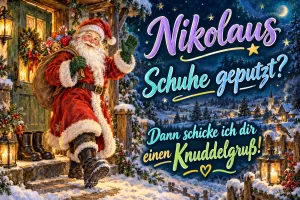 Nikolaus mit Sack winkt vor einer verschneiten Haustür mit Stiefeln, Text: Nikolaus – Schuhe geputzt? – Dann schicke ich dir einen Knuddelgruß!