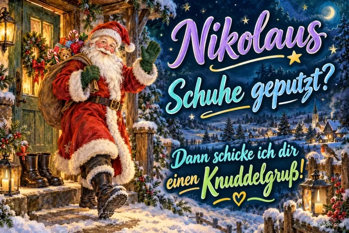 Nikolaus mit Sack winkt vor einer verschneiten Haustür mit Stiefeln, Text: Nikolaus – Schuhe geputzt? – Dann schicke ich dir einen Knuddelgruß!