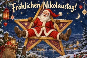 Lachender Weihnachtsmann springt aus einem Holzstern, Text: Fröhlichen Nikolaustag!