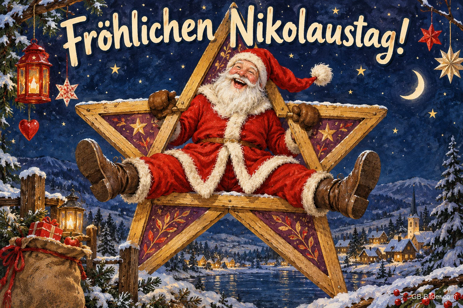 Lachender Weihnachtsmann springt aus einem Holzstern, Text: Fröhlichen Nikolaustag!
