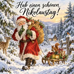Nikolaus mit Sack zieht einen Schlitten durch den Winterwald, Reh und Eichhörnchen, Text: Hab einen schönen Nikolaustag!