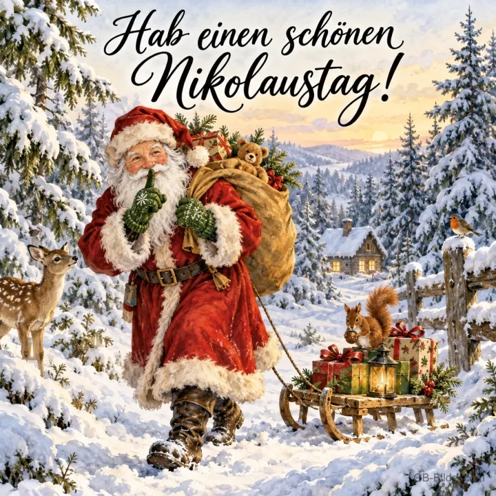 Nikolaus mit Sack zieht einen Schlitten durch den Winterwald, Reh und Eichhörnchen, Text: Hab einen schönen Nikolaustag! Nikolaus mit Sack zieht einen Schlitten durch den Winterwald, Reh und Eichhörnchen, Text: Hab einen schönen Nikolaustag!