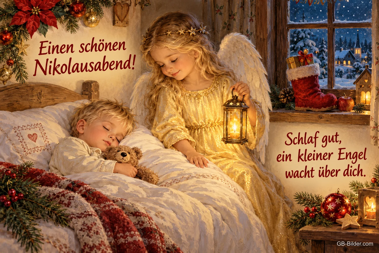 Engel mit Laterne wacht über einem schlafenden Kind, Text: Einen schönen Nikolausabend! – Schlaf gut, ein kleiner Engel wacht über dich.