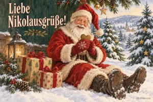 Nikolaus sitzt mit Lebkuchen zwischen Geschenken im Schnee, Text: Liebe Nikolausgrüße!
