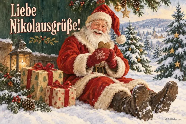 Nikolaus sitzt mit Lebkuchen zwischen Geschenken im Schnee, Text: Liebe Nikolausgrüße! Nikolaus sitzt mit Lebkuchen zwischen Geschenken im Schnee, Text: Liebe Nikolausgrüße!