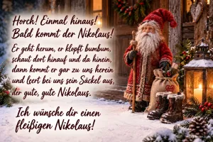 Nikolausfigur mit Sack und Stiefeln vor einer verschneiten Haustür, Text: Horch! Einmal hinaus! Bald kommt der Nikolaus! Er geht herum, er klopft bumbum, schaut dort hinauf und da hinein, dann kommt er gar zu uns herein und leert bei uns sein Säckel aus, der gute, gute Nikolaus. Ich wünsche dir einen fleißigen Nikolaus!