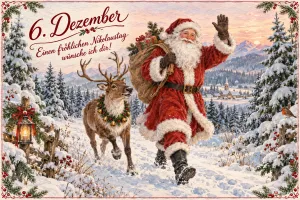Nikolaus mit Sack winkt neben einem Rentier im verschneiten Wald, Text: 6. Dezember – Einen fröhlichen Nikolaustag wünsche ich dir!