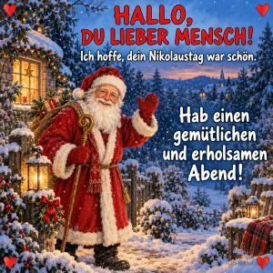 Nikolaus mit Sack und Stab winkt vor einem verschneiten Haus, Text: HALLO, DU LIEBER MENSCH! – Ich hoffe, dein Nikolaustag war schön. Hab einen gemütlichen und erholsamen Abend!