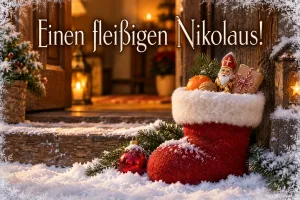 Roter Stiefel mit Nikolausfigur und Geschenken vor einer Haustür, Text: Einen fleißigen Nikolaus!