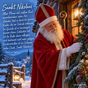 Sankt Nikolaus mit Mitra am Tannenbaum vor einem Winterdorf, Text: Sankt Nikolaus – Alter Mann mit weißem Bart, unverkennbar seine Art, „Hohoho“ tönt es durch die Gassen, Kinder, die vor Schreck erblassen. Im Grunde ist er herzensgut, keinem etwas Schlechtes tut. Ist die Buße dann vollzogen, wird bestimmt nicht mehr gelogen. Kindsverhalten ist ein Schmaus, vielen Dank, Sankt Nikolaus! – Norbert van Tiggelen