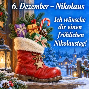 Roter Stiefel voller Geschenke und Zuckerstange vor einem Winterdorf, Text: 6. Dezember – Nikolaus – Ich wünsche dir einen fröhlichen Nikolaustag!