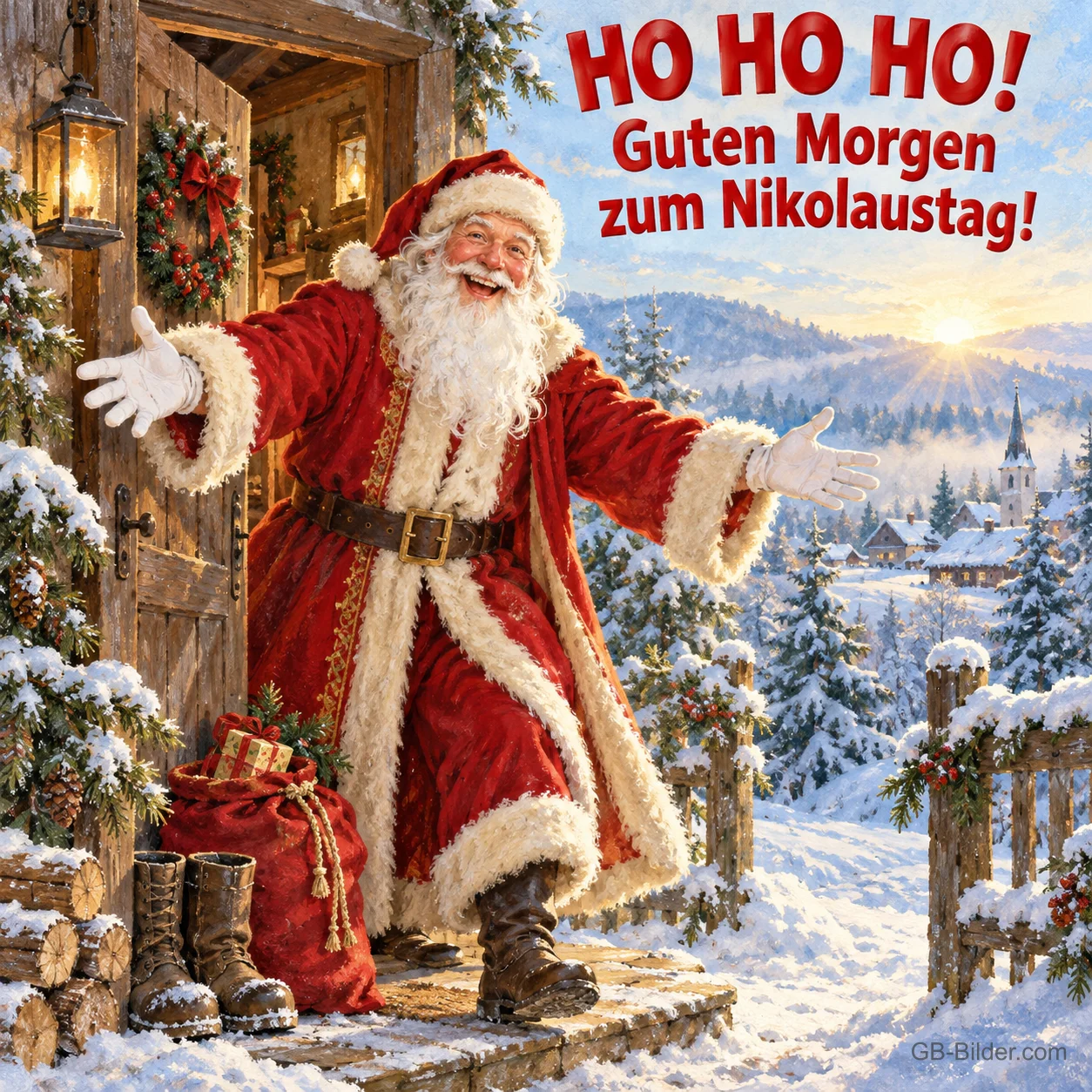 Lachender Weihnachtsmann breitet die Arme vor einer verschneiten Hütte aus, Text: HO HO HO! – Guten Morgen zum Nikolaustag!