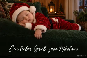 Baby im Nikolauskostüm schläft auf einem Sofa, Text: Ein lieber Gruß zum Nikolaus