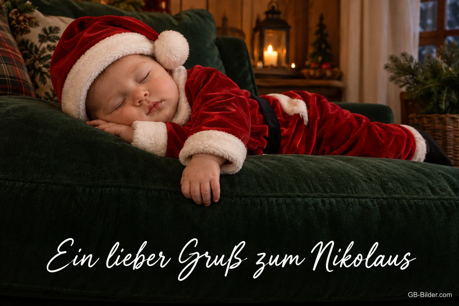 Baby im Nikolauskostüm schläft auf einem Sofa, Text: Ein lieber Gruß zum Nikolaus