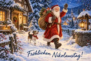 Weihnachtsmann mit Sack und Hund winkt in einem verschneiten Dorf, Text: Fröhlichen Nikolaustag!