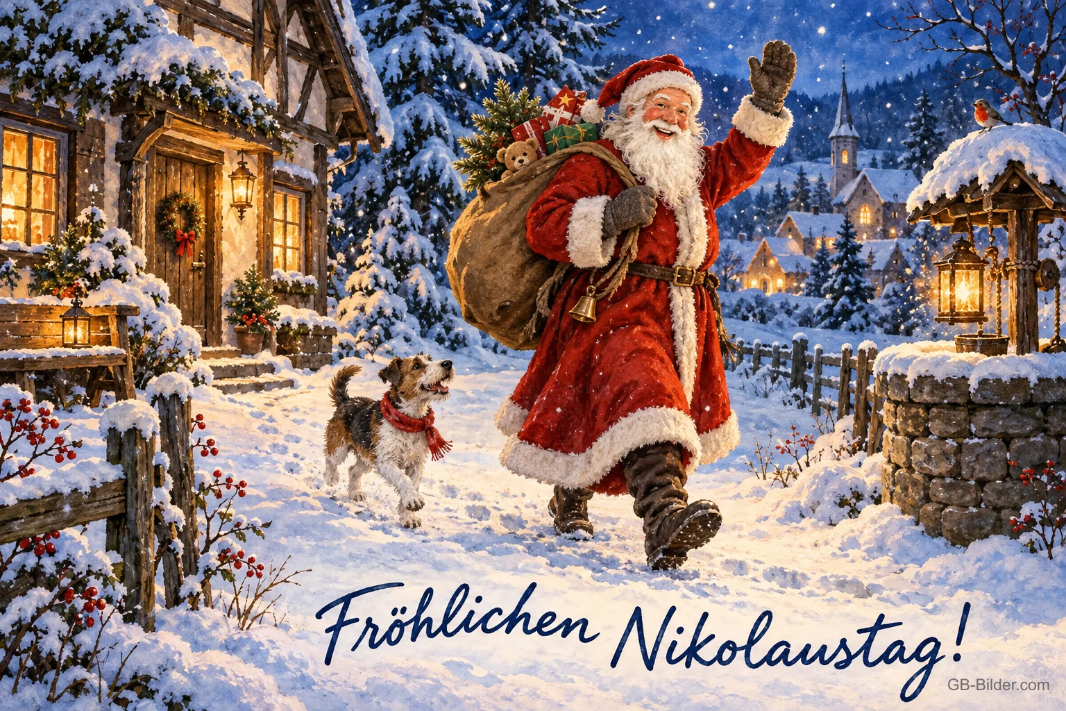 Weihnachtsmann mit Sack und Hund winkt in einem verschneiten Dorf, Text: Fröhlichen Nikolaustag!