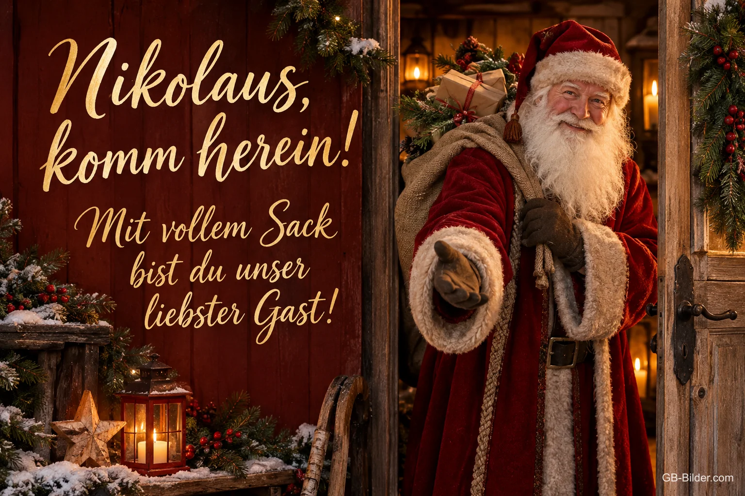 Nikolaus mit Sack tritt in eine weihnachtliche Stube, Text: Nikolaus, komm herein! – Mit vollem Sack bist du unser liebster Gast!