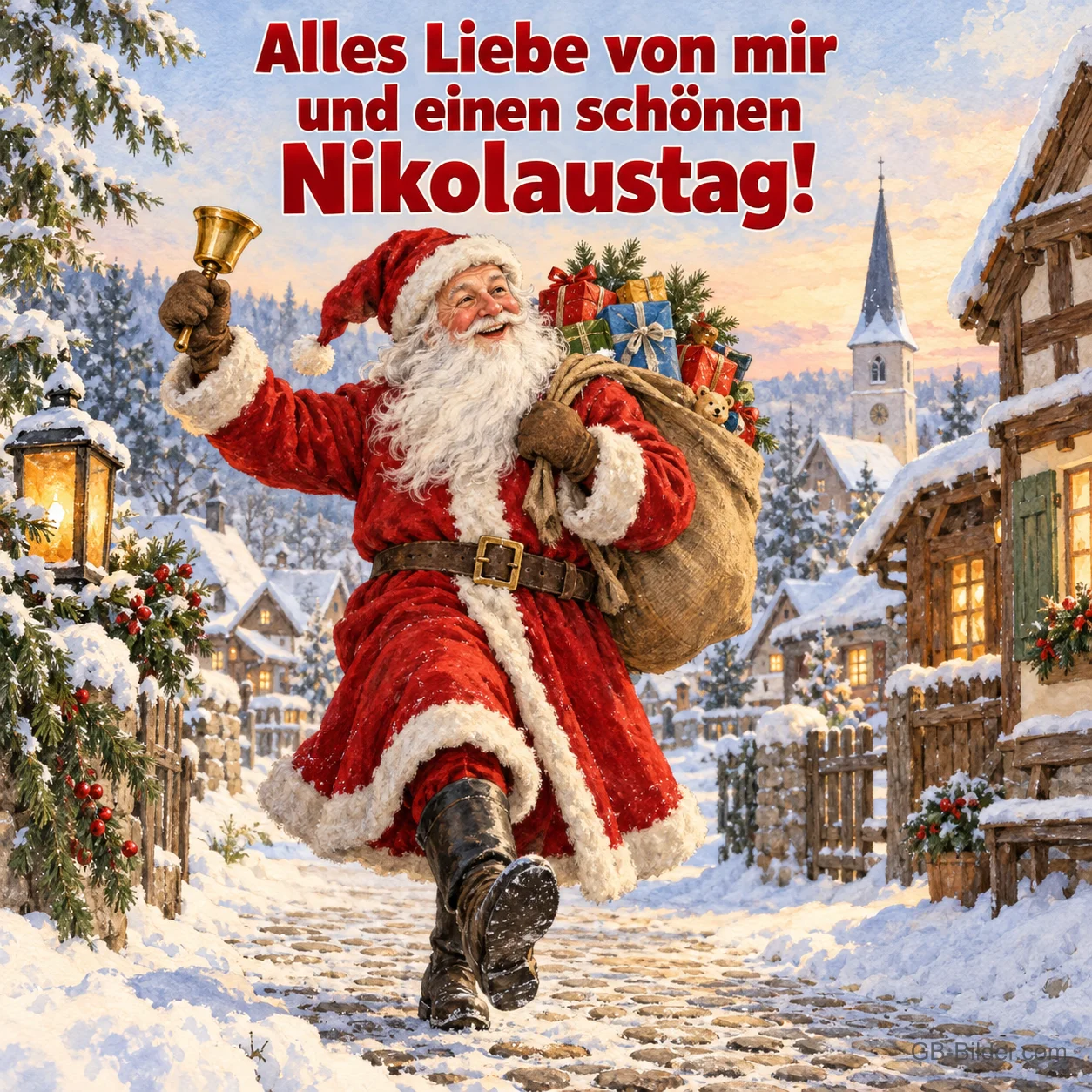 Nikolaus mit Sack und Glocke läuft durch ein verschneites Dorf, Text: Alles Liebe von mir und einen schönen – Nikolaustag!