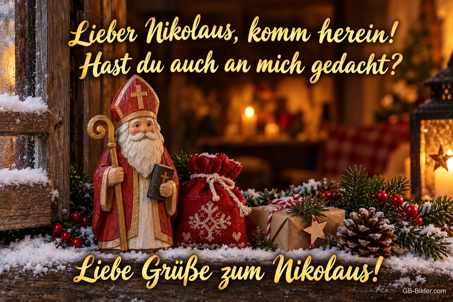 Nikolausfigur mit Sack und Geschenken am Fenster, Text: Lieber Nikolaus, komm herein! – Hast du auch an mich gedacht? Liebe Grüße zum Nikolaus!