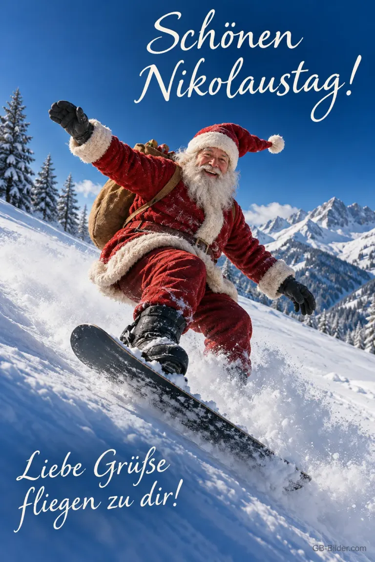 Nikolaus fährt Snowboard einen Berghang hinunter, Text: Schönen Nikolaustag! – Liebe Grüße fliegen zu dir!