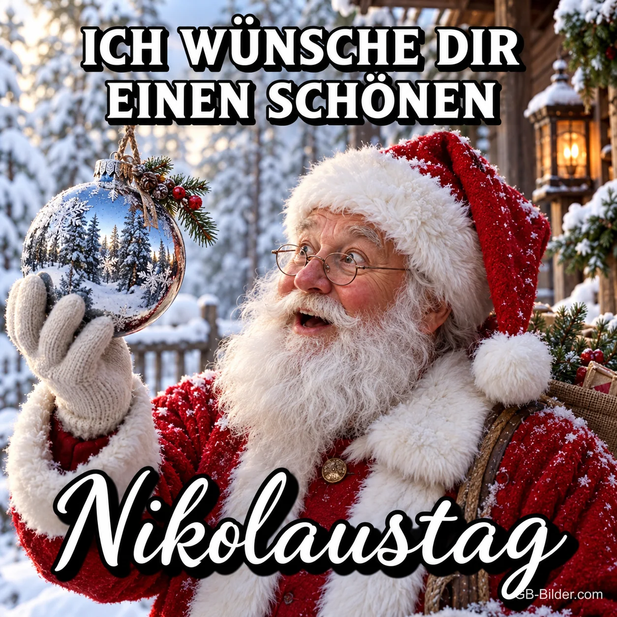 Staunender Nikolaus hält eine Weihnachtskugel im Schnee, Text: Ich wünsche dir einen schönen – Nikolaustag Staunender Nikolaus hält eine Weihnachtskugel im Schnee, Text: Ich wünsche dir einen schönen – Nikolaustag