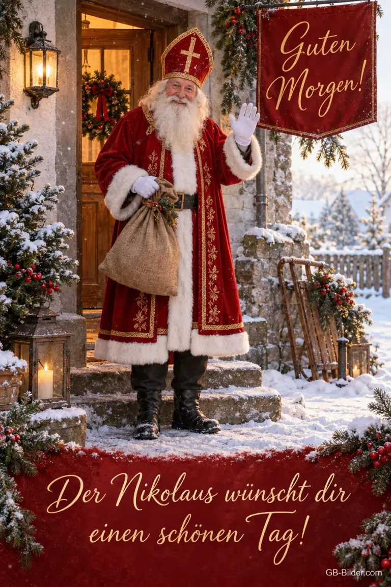 Nikolaus mit Mitra und Sack winkt vor einem Laden im Schnee, Text: Guten Morgen! – Der Nikolaus wünscht dir einen schönen Tag!