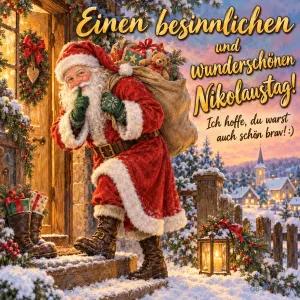 Nikolaus mit Sack legt den Finger auf die Lippen vor einer Haustür, Text: Einen besinnlichen und wunderschönen Nikolaustag! – Ich hoffe, du warst auch schön brav! :)