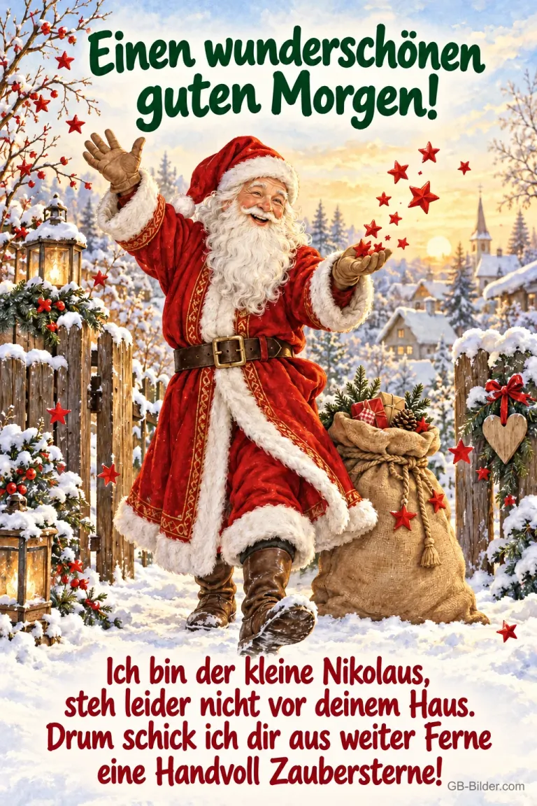 Nikolaus wirft rote Sterne in einem verschneiten Dorf, Text: Einen wunderschönen guten Morgen! Ich bin der kleine Nikolaus, steh leider nicht vor deinem Haus. Drum schick ich dir aus weiter Ferne eine Handvoll Zaubersterne!