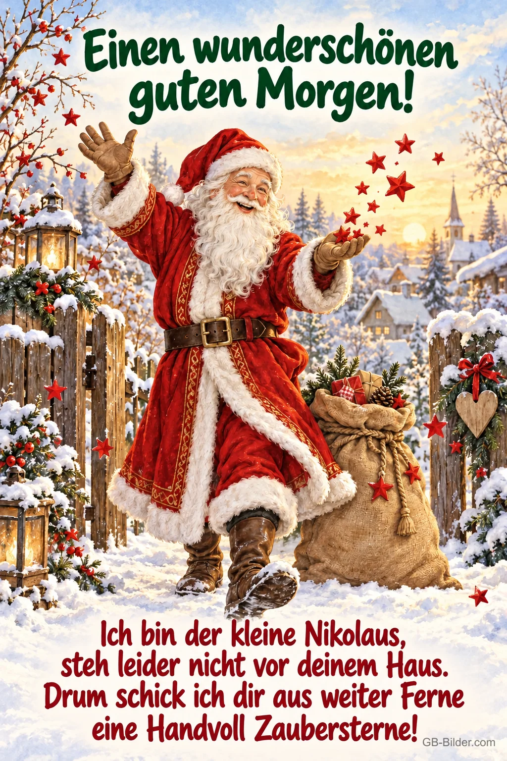 Nikolaus wirft rote Sterne in einem verschneiten Dorf, Text: Einen wunderschönen guten Morgen! Ich bin der kleine Nikolaus, steh leider nicht vor deinem Haus. Drum schick ich dir aus weiter Ferne eine Handvoll Zaubersterne! Nikolaus wirft rote Sterne in einem verschneiten Dorf, Text: Einen wunderschönen guten Morgen! Ich bin der kleine Nikolaus, steh leider nicht vor deinem Haus. Drum schick ich dir aus weiter Ferne eine Handvoll Zaubersterne!