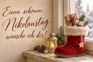 Roter Nikolausstiefel mit Geschenken und Laterne am Fenster, Text: Einen schönen Nikolaustag – wünsche ich dir!
